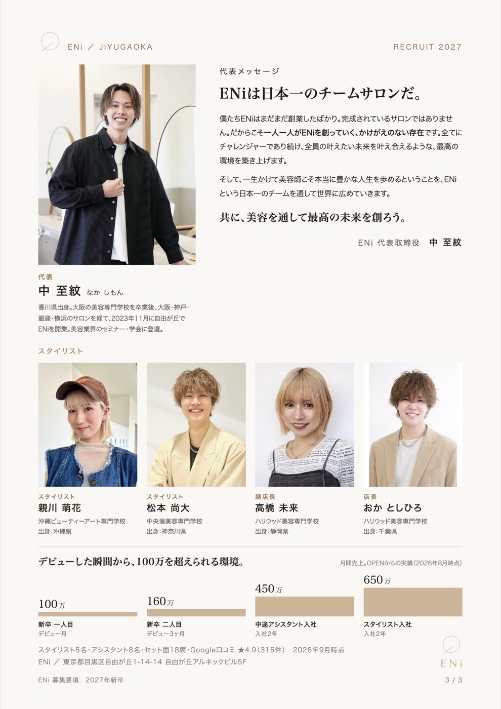 ENi募集要項 2027年新卒 3枚目：代表メッセージ、スタイリスト紹介、デビュー後の売上実績